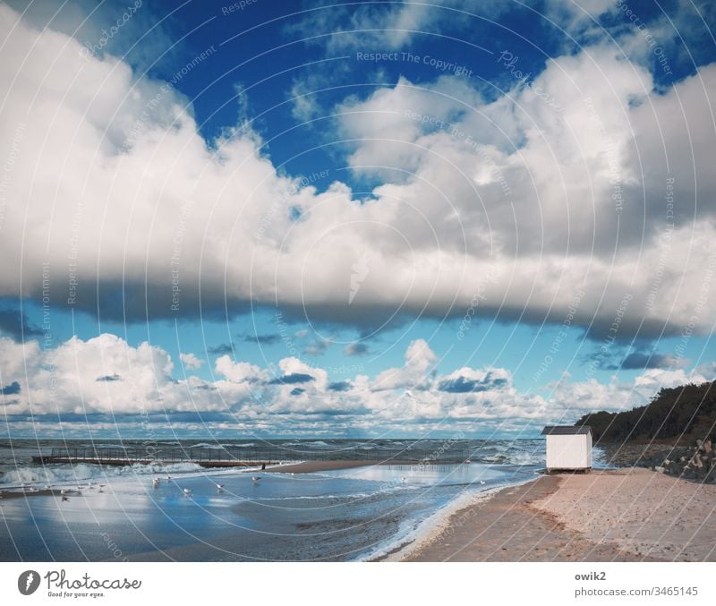 the White House Beach Baltic Sea Poland Coast Maritime Sky Clouds Elements Air Water Waves wide Sand Sandy beach Idyll Blue Hut Small cabin Lonely Doomed