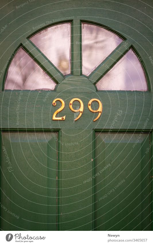 House number 299 on a green wooden front door with glass panels SEMIcircle address britain classic classy close up closeup decoration design detail digit digits