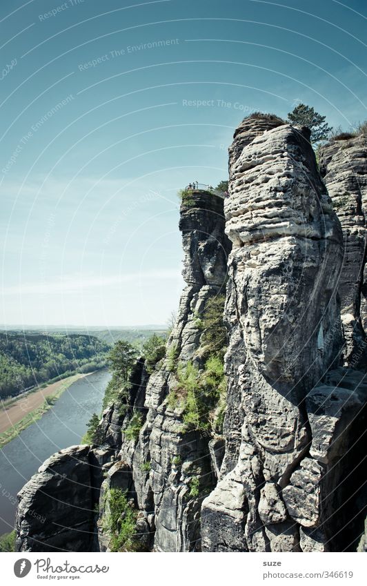 Elbe view Environment Nature Landscape Sky Horizon Spring Climate Beautiful weather Forest Rock Mountain River bank Authentic Large Tall Natural Wild Blue Green