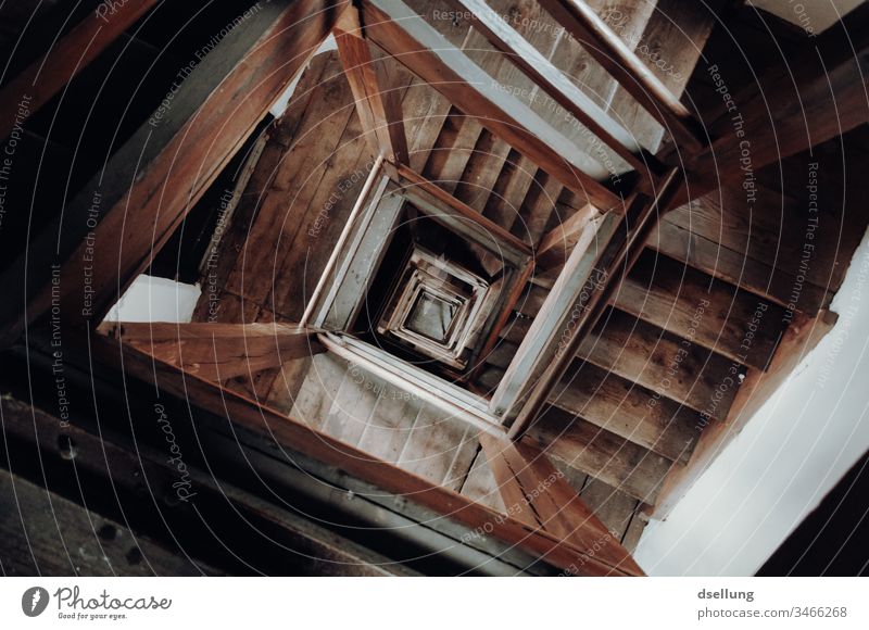 View down into the old staircase Downward Artificial light Evening Interior shot Colour photo Staircase (Hallway) Suicide Suicidal tendancy Moody Stairs