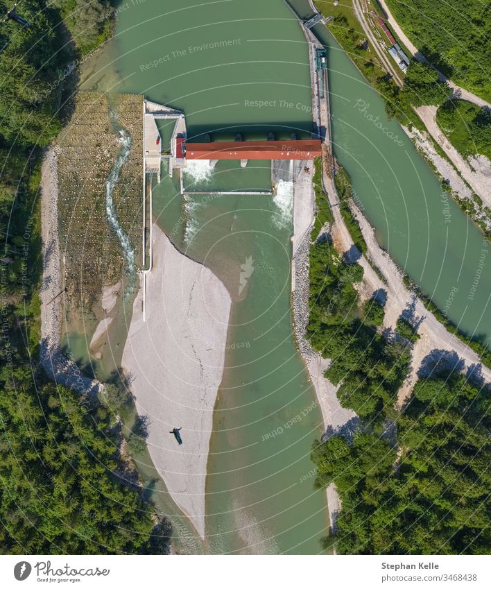 Aerial View of Hume Weir on Isar River, near to munich. weir top view river man tree selfie hume weir water nature technology aerial landscape sand dam