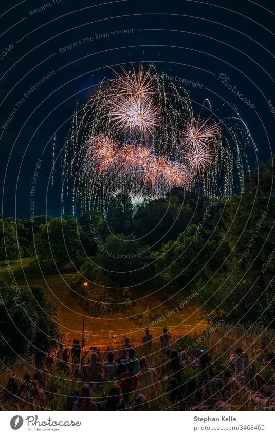 A great, colorful firework with people having fun in foreground. fireworks park rockets happy party festival sky night long exposure colors sommernachtstraum