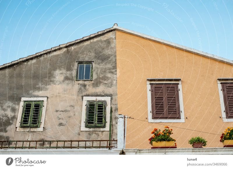 restored facade in the old town of Omis, Croatia House (Residential Structure) Facade Old New refurbishment Modern Venetian blinds Window Colour dilapidated