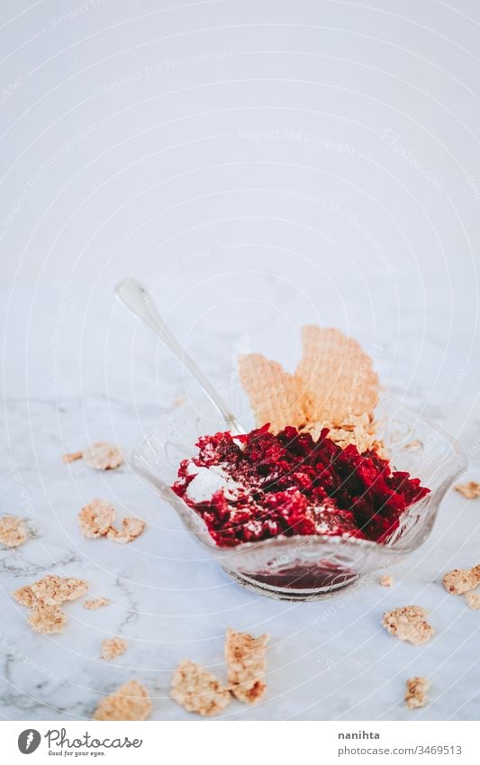 Delicious dessert with jelly, coockies and cereals berries temptation food sweet breakfast healthy simple red gelatin delicious still life copy space flat lay