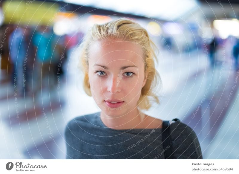 Young woman on platform of railway station. train travel girl lady people trip city caucasian railroad tourism passenger destination transport transportation