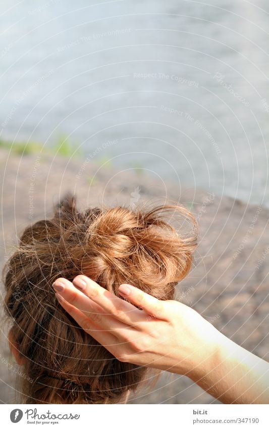 the hairstyle holds Personal hygiene Contentment Feminine Young woman Youth (Young adults) Adults Head by hand 1 Human being 13 - 18 years Child Environment