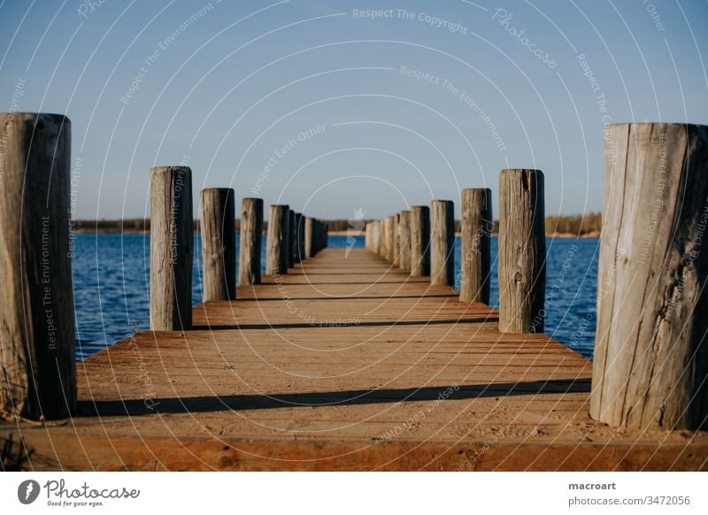 footbridge Saxony Anhalt Relaxation holidays Sky blue Spring lake ponton Body of water Water flooded reed Lake wooden walkway Evening sun sunset Wood