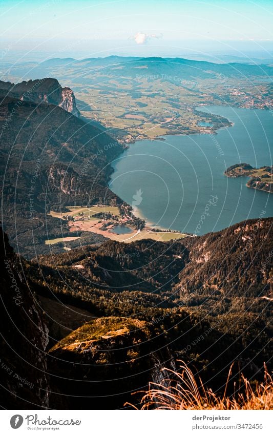 Schafberg with view of the Salzkammergut Wide angle Panorama (View) Long shot Central perspective Deep depth of field Sunset Sunlight Silhouette Contrast