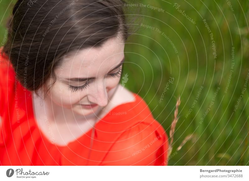 Girl in the red dress green Nature relaxation grass girl summertime buzzer