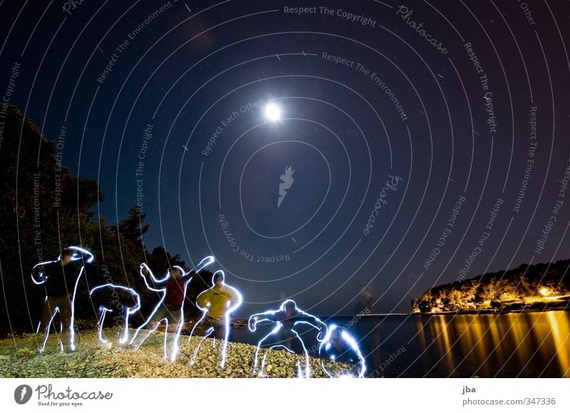 Holiday Crowd Life Contentment Vacation & Travel Freedom Summer vacation Beach Ocean Human being 6 Group of children Light painting Elements Sky Stars Spring