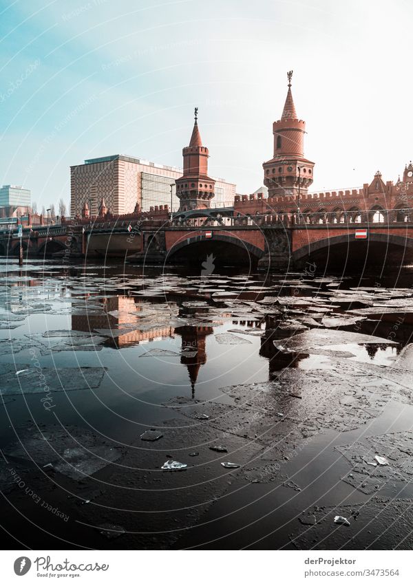 Oberbaumbrücke in the morning in winter III Long shot Deep depth of field Sunbeam Reflection Contrast Shadow Light Morning Copy Space middle Copy Space bottom