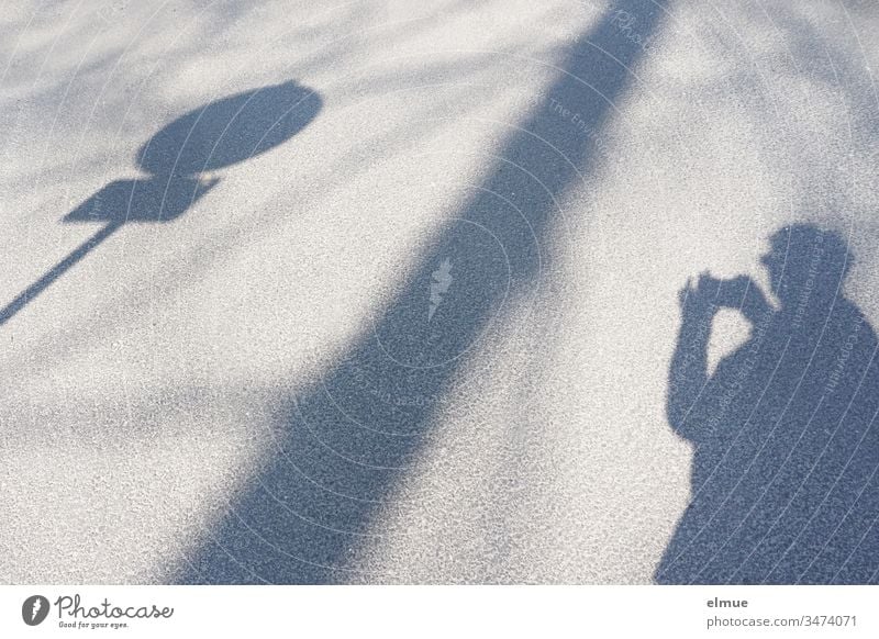 Shadow of person, tree and traffic signs Shadow play Road sign Light Lanes & trails Deserted Transport Colour photo Exterior shot Street Take a photo