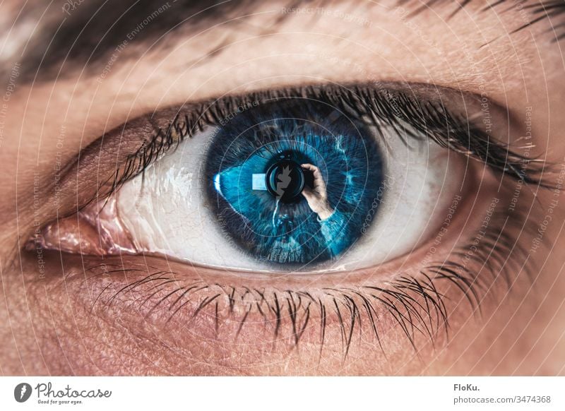 Self-portrait with macro filter Eyes detail Close-up iris Pupil Eyelash Blue Round Near tight reflection Take a photo Hand tart Looking Looking into the camera