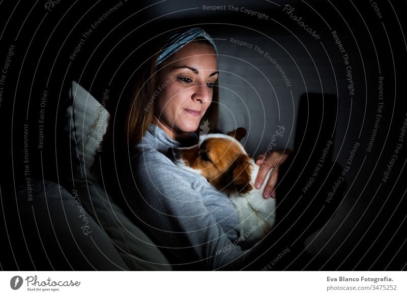 young woman at home using mobile phone. cute jack russell dog lying with her. Night time night screen dark pet relax together love friendship technology