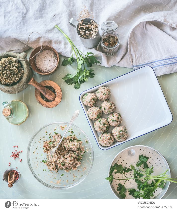 Preparation of tasty buckwheat balls on kitchen table with ingredients. Healthy home cooking and eating concept preparation healthy appetizer background cuisine