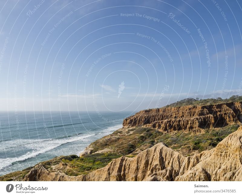 Dreamlike Sky California Americas USA San Diego mountains Waves ocean Ocean Bleak vegetation Landscape Vantage point Rock fissured Coast already La Jolla