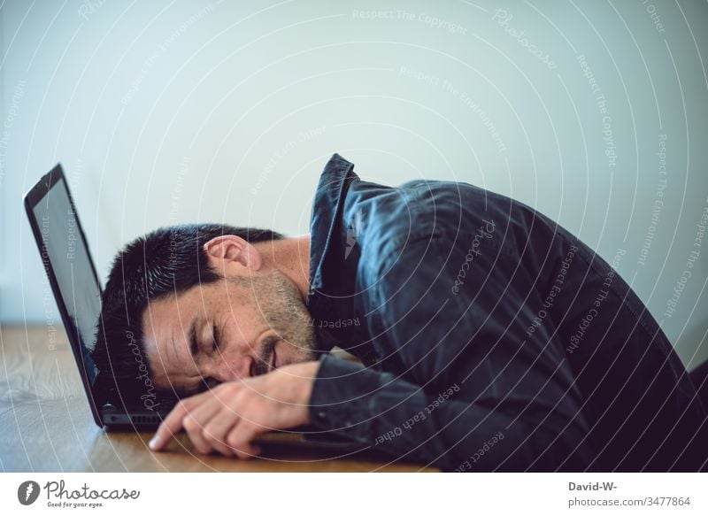 Man fell asleep on laptop fallen asleep at work reengineered home office Sleep Break tired Fatigue tranquillity Sleeping place Workplace labour Computer