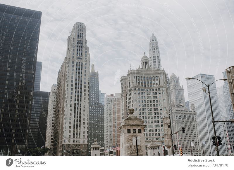 Modern cityscape with contemporary architecture skyscraper building modern urban skyline tree downtown exterior district street high metropolis chicago usa