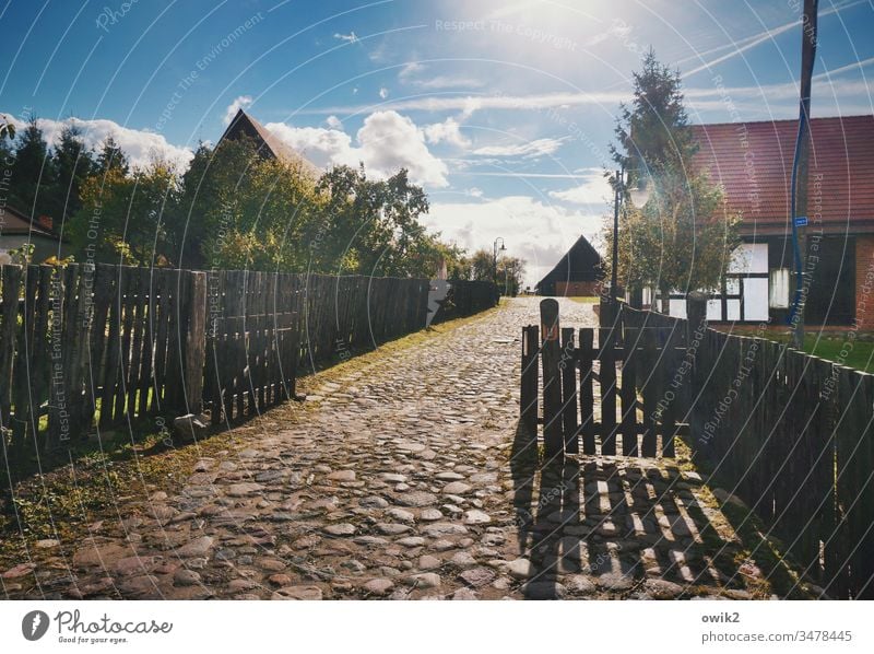 Polish village street Village Village road Idyll Back-light Sunlight Sky Clouds tranquillity Cobblestones Fence Shadow Beautiful weather Svolovo Poland