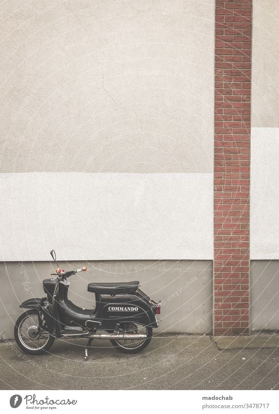 Motorcycle in front of a dreary wall - urban monotony moped Vehicle mobile Wall (building) Staft Berlin Gloomy Trashy Lonely on one's own Loneliness Lifestyle