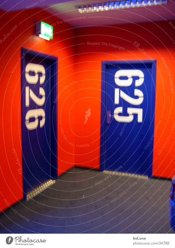 626 Hotel Room Digits and numbers Red Style Hallway Architecture Door room number Blue Modern hotel corridor