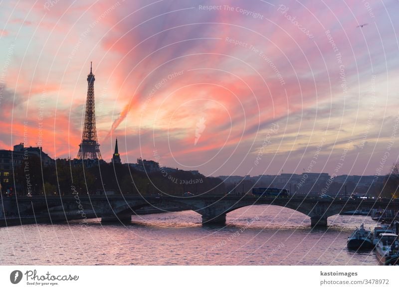 Sunset over Eiffel Tower and Seine river. paris eiffel city tower france seine bridge famous eiffel tower water sky capital travel architecture french european