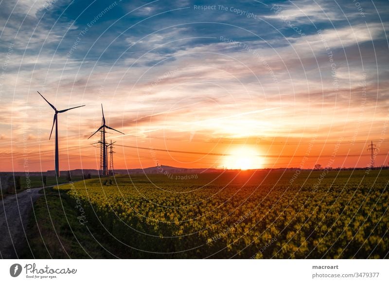 wind turbine Winker power plant wine energy stream Energy Tension Cable power supply Alternative renewable Steel carrier Nature Evening sun sunset Electrics