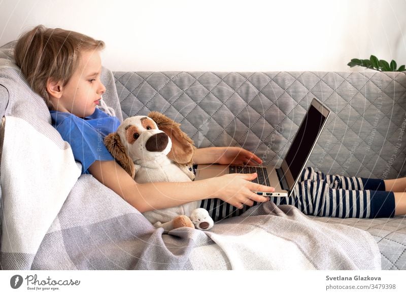 Distance learning online education and work. Child study remotely from home on the couch. Boy hands hold laptop distance school e-learning internet computer