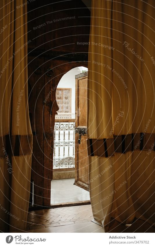 Arabic interior of old house with curtains room doorway arch style design tradition entrance oriental arabic morocco marrakesh africa building residential