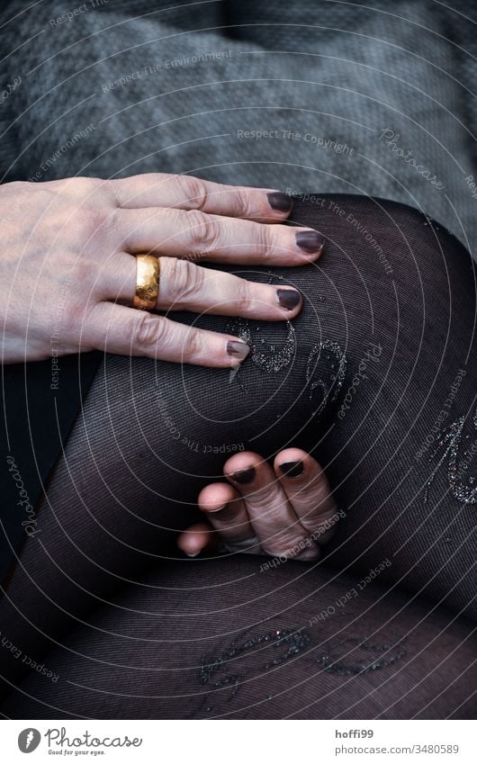 Hand, ring, knee and pantyhose - waiting for... Knee Ring Fingers Wedding band Tights Wait Human being Woman Feminine Adults Shallow depth of field Detail