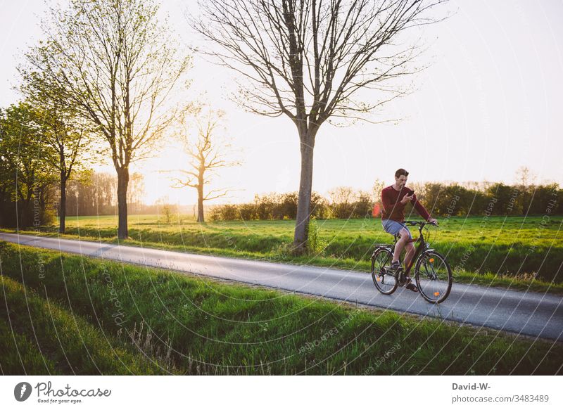 Man rides a bicycle through nature with his mobile phone in his hand Bicycle Cycling Cycling tour distracted Sunbeam Nature Wheel Experiencing nature out