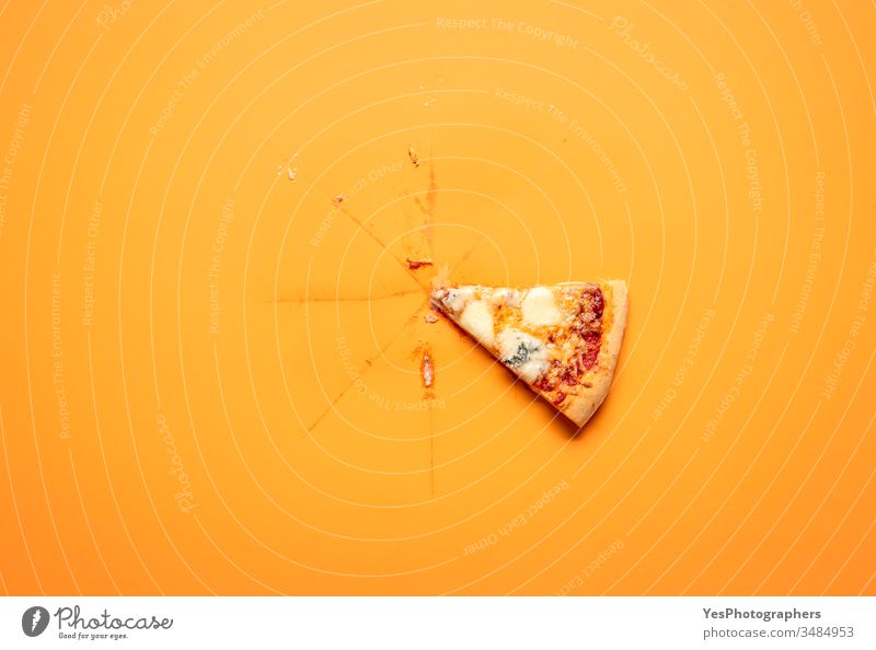 Single pizza slice on orange background. Last pizza slice. above view carton classic comfort food convenience food cut out delicious dinner fast food