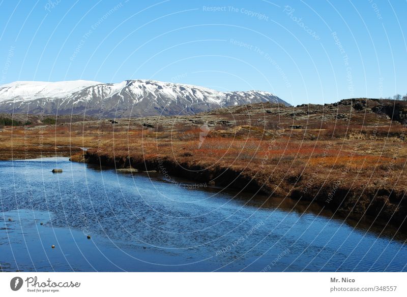 vast country Environment Nature Landscape Elements Water Cloudless sky Climate Climate change Beautiful weather Bushes Moss Mountain Peak Snowcapped peak