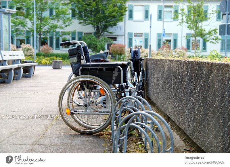 abandoned old wheelchairs parked outside a hospital Wheelchair health care and medicine Hospital no people handicap lifestyle Support Transport Accessibility