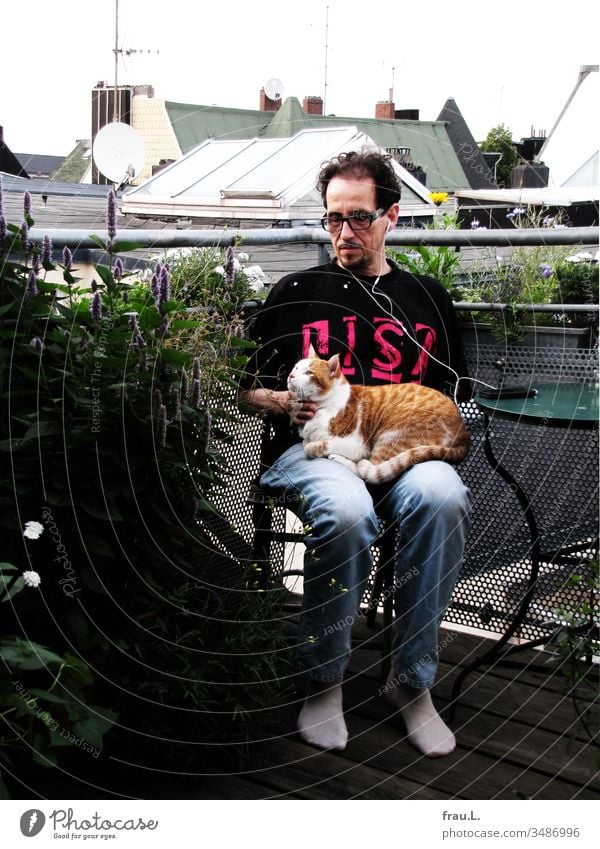 Hm, a man, his smartphone, a cat, a roof terrace, flowers and a table make a snapshot. Man hangover Cat Balcony Balcony plant make a phone call Caress roofs