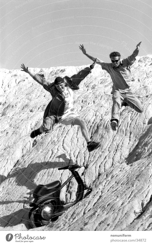 freak jump Scooter Jump Friendship Summer Freak Youth (Young adults) Joy Black & white photo Test of courage High spirits Swing Spirited Rocky gorge Comical