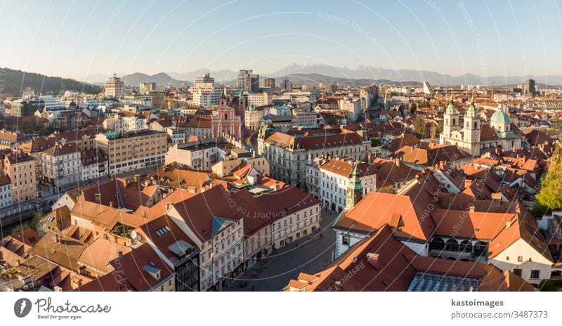 Panoramic view of Ljubljana, capital of Slovenia, at sunset. Empty streets of Slovenian capital during corona virus pandemic social distancing measures in 2020