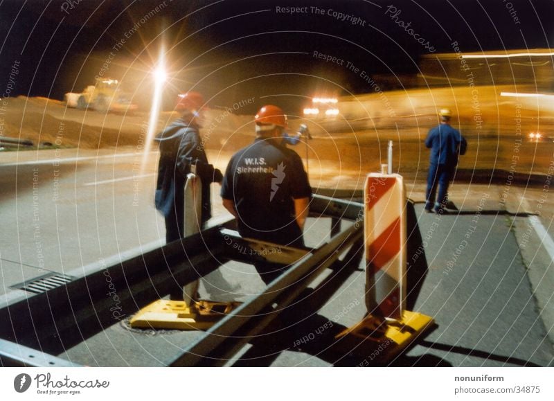 Excavatorcrossing A61 - 2004 - 2 Highway Rhine-Westfalia Electricity Works AG Lignite Night Long exposure Working man Safety Transport bulldozer Sand