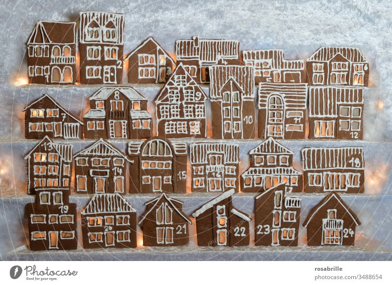 illuminated edible gingerbread advent calendar self-made from house facades in rows | anticipation Gingerbread houses Christmas bakery Baking Town Village