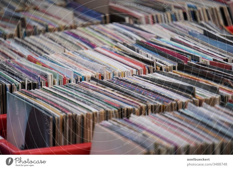 Vinyl records at the flea market Record Flea market vinyl disk Music Retro record exchange LP Flea market stall second hand Old vintage Many record box Crate