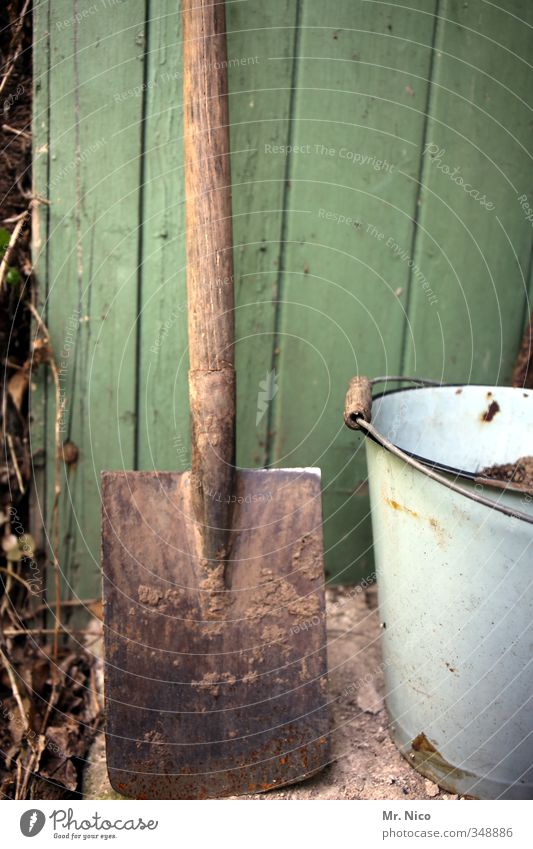 Off to the bed! Leisure and hobbies Home improvement Garden Gardening Closing time Environment Spring Summer Meadow Old Dirty Bucket Shovel Spade Barn Hut