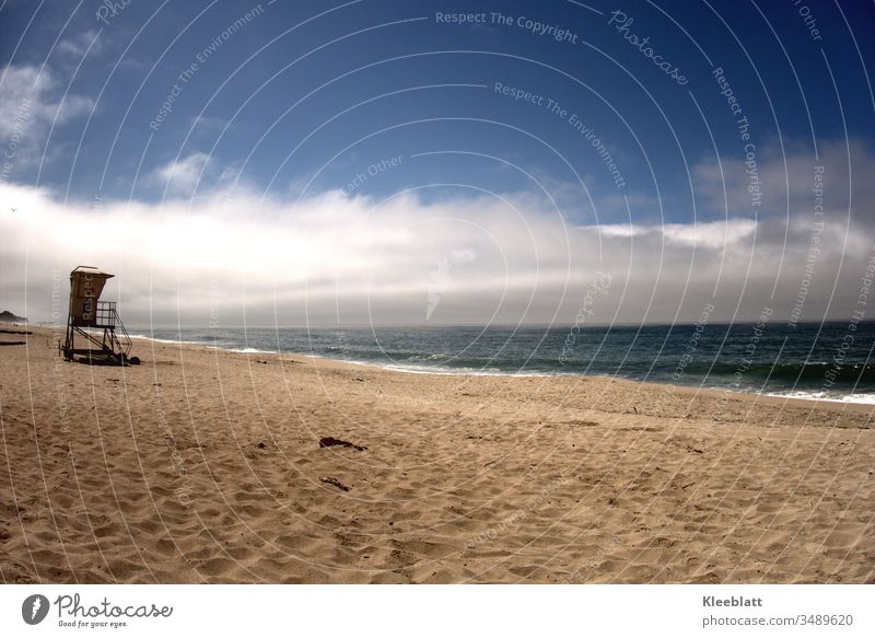 deserted sandy beach with surveillance tower Beach Ocean Blue Vacation & Travel Relaxation Loneliness Clouds Waves Nature Lifeguard Deserted Summer vacation