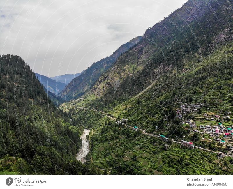 View of the mountain valley in cloudy weather view Mountain Landscape River Nature Peak Sky Green mountains Summer Forest Clouds Hill Valley Tree travel trees