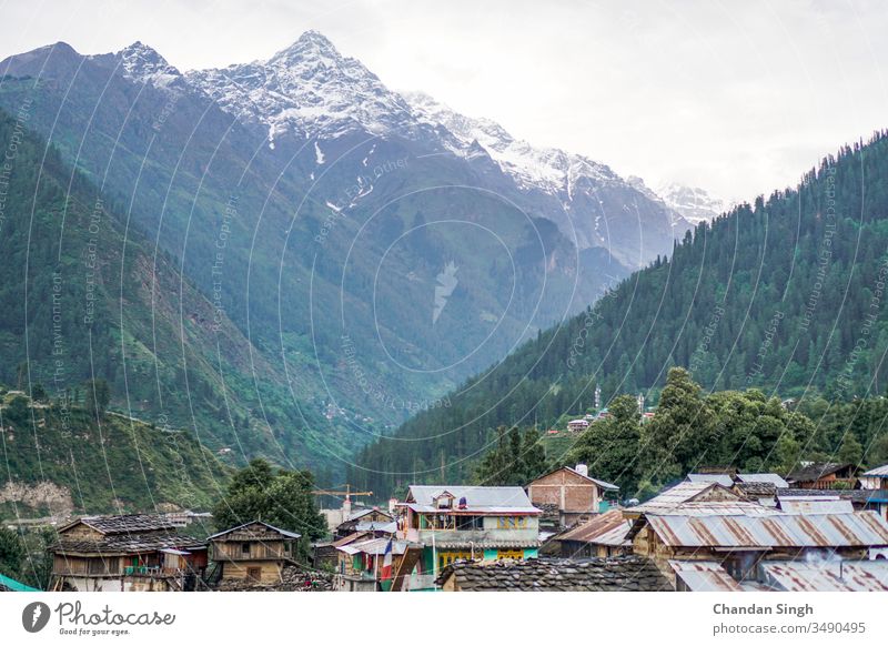 Snow Peak Mountain View from Valley Town view mountain landscape nature snow peak sky green mountains summer forest cloud clouds hill valley tree travel trees