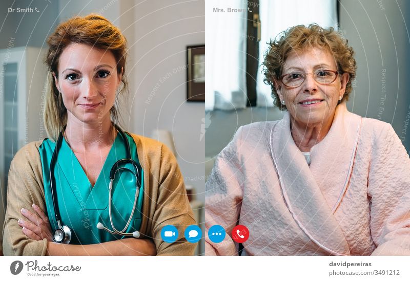 Video call screen with elderly woman and female doctor video call senior hospital coronavirus medical report quarantine patient grandmother recovery webcam