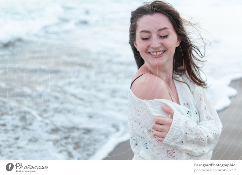 Girl at sea Ocean Water Beach Sand Vacation & Travel happy Smiley Woman Beautiful