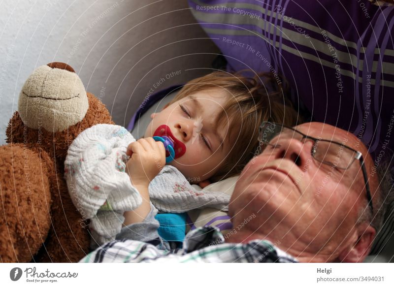 Grandpa, grandson and the teddy bear take a nap together Senior citizen grandpa Man Child Toddler Grandchildren Teddy bear Siesta Sleep Rest in common