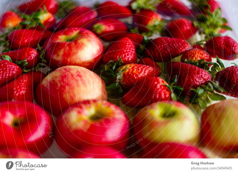 Fresh Organic Strawberries and Apples Floating in a Tub of Water diet food nutrition healthy food photography fresh vegan Vitamin eating strawberries apples