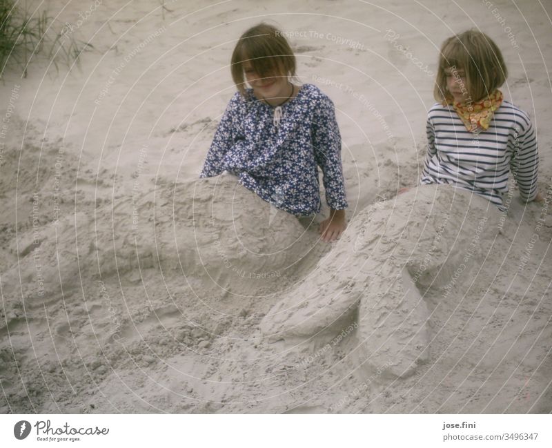 Mermaids Child girl Beach Sand vacation holidays family vacation whorls Sculpture Creativity Happiness Joy Playing Relaxation Dunes North Sea Fantasy Sisters