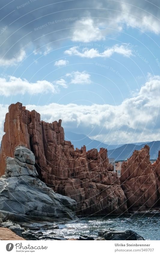 Red Giants 2 Environment Nature Landscape Sky Clouds Spring Rock Mountain red rocks Coast Bay arbatax Italy Fishing village Tall Natural Upward Steep Steep face